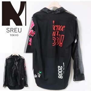 《SREU スリュー》新品 定価37,400円 ユニセックス パッチワーク 異素材切り替えデザイン リメイクシースルーシャツ 2(M) A9471