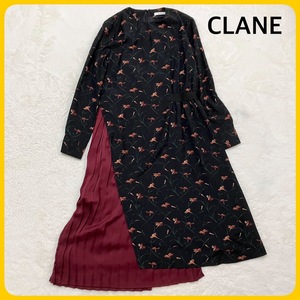 美品 CLANE アシメントリー 花柄 長袖 ワンピース 袖口ボタン 切替 黒