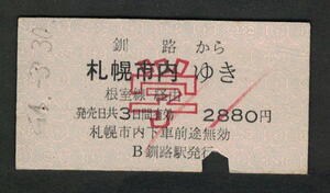 A型青地紋乗車券 釧路から札幌市内（学割）昭和50年代（払戻券）