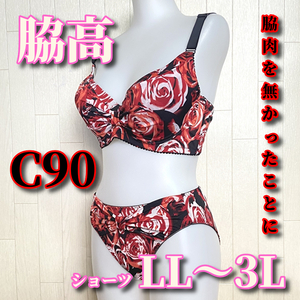 C90LL-3L☆脇肉を無かったことにするブラ 薔薇柄 脇高 ホック3段3列 ブラ&ショーツ レッド系 F860