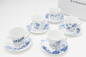 (1039M 0121H2) 1円～ 未使用 GIVENCHY ジバンシイ コーヒーセット カップ＆ソーサー 5客 白 ホワイト系 花柄 小花 コップ 皿 陶器 茶器