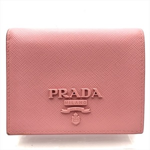 良品 PRADA プラダ ロゴ サフィアーノ レザー 二つ折り コンパクト ウォレット 財布 ピンク a3929