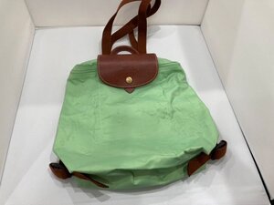 キングラム[63]Longchamp ロンシャン 小さめリュックサック レザー ナイロン 黄緑 中古 送料無料