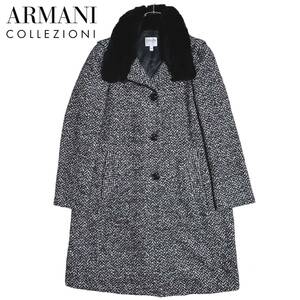 40サイズ★ ARMANI COLLEZIONI アルマーニコレツォーニ ロングコート ヘリンボーン ラビットファー アルパカ混 モヘヤ ヴァージンウール