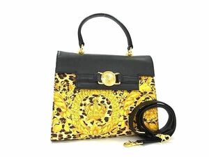 1円 ■美品■ GIANNI VERSACE ジャンニ ヴェルサーチ サンバースト レオパード PVC 2WAY ショルダー ハンドバッグ イエロー系 AZ4558