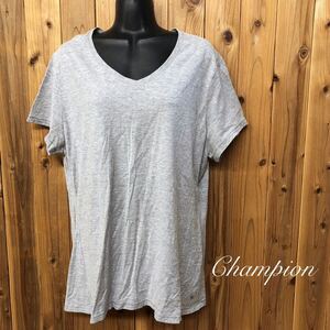 Champion＊チャンピオン レディース3XL 半袖Tシャツ Vネック カットソー トップス 刺繍 ワンポイント グレー 大きいサイズ USA古着