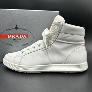 1円 【美品】 PRADA プラダ 【圧倒的高級感】 メンズ スニーカー ハイカット シューズ 靴 サイドジップ ロゴ ホワイト 白 6 1/2 25.5cm相当