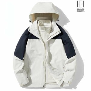 2XL ホワイト+ネイビー マウンテンパーカー メンズ レディース 3way フード脱着可 登山服 防風 ボアライナー付き 取り外し可 フリース 撥水