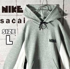 Sacai サカイ NIKE ナイキ 人気コラボ 21AW ドッキングパーカー グレー ホワイト 希少サイズL　6490