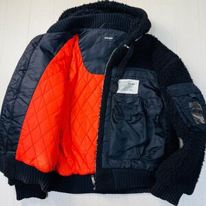 オーバーサイズ/L-XL相当★ディーゼル/DIESEL ボアフーデット ジャケット ブルゾン オレンジキルティング 中綿 コンビ素材 メンズ 黒