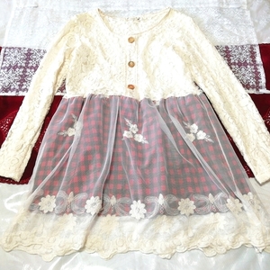 白レース赤黒チェック柄スカート長袖チュニック ネグリジェ ワンピース White lace red black plaid skirt tunic negligee dress