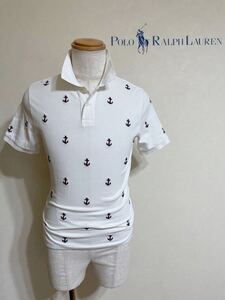 【良品】 Polo Ralph Lauren ポロ ラルフローレン 鹿の子 ポロシャツ サイズL(14-16) 半袖 160/80 白 錨 総柄 刺繍