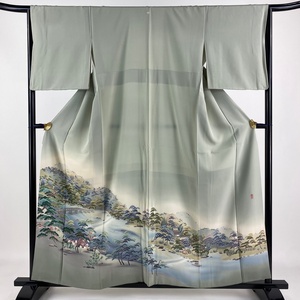 色留袖 身丈157.5cm 裄丈64cm M 袷 落款 嵐山 松 ぼかし 灰緑 正絹 秀品 一つ紋 【中古】