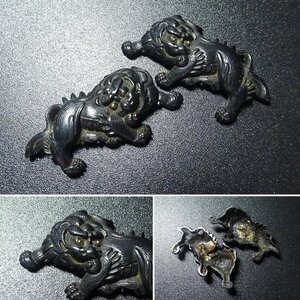 秀逸 刀装具 唐獅子図目貫 無銘 赤銅地 容彫 金色絵 侍 SAMURAI TSH14 【検 鐔鍔縁頭小柄笄