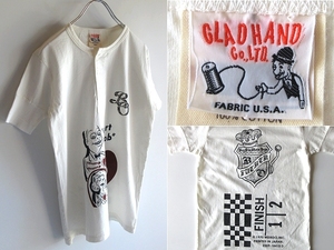 未使用 美品 GLAD HAND グラッドハンド USA製生地 Heart Throb ロゴプリント コットン ヘンリーネックTシャツ S ナチュラルホワイト 白