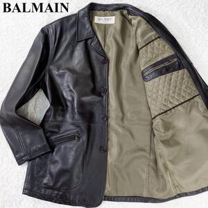 美品 希少 XL BALMAIN バルマン レザーステンカラーコート 羊革 ラムレザー シープスキン LLサイズ ビッグサイズ ダークブラウン メンズ