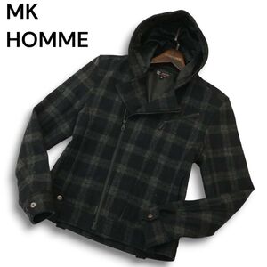 MK HOMME ミッシェルクラン オム 秋冬 チェック柄★ メルトン ウール ライダース風 ジャケット Sz.46　メンズ　A4T11890_B#N