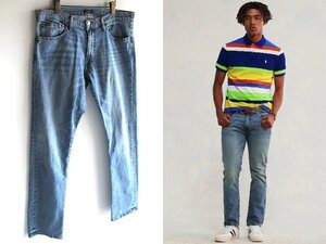 POLO RALPH LAUREN ラルフローレン Varick Slim Straight Jeans ロゴ革パッチ ビンテージ加工 ストレッチデニムパンツ 36/34 インディゴ