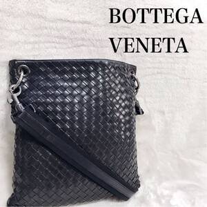 美品 ボッテガヴェネタ オールレザー イントレチャート ショルダーバッグ 黒 BOTTEGA VENETA