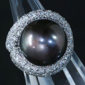 F2307 美しい大粒南洋黒真珠１５．８mm 天然絶品ダイヤモンド５．３５ct 最高級プラチナ900無垢リング サイズ11号 重量27.42g 縦幅23.7ｍｍ