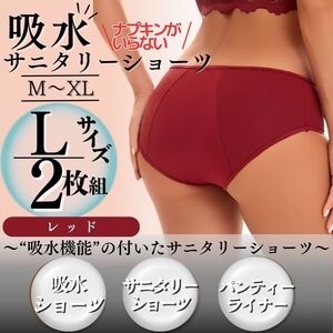 Lサイズ 2枚セット サニタリーショーツ 下着 生理パンツ 吸水ショーツ 赤 レッド 吸水 生理 パンツ 尿もれ 厚手 産後パンツ 夜用 ジュニア 