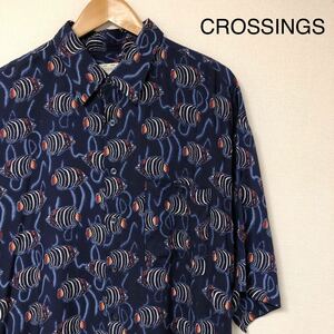 CROSSINGS /クロッシングス /メンズ アロハシャツ 半袖シャツ 総柄 柄シャツ 魚柄 ネイビー 涼感素材 アメカジ USA古着