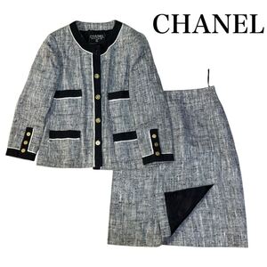 【希少☆CHANEL】シャネル　 セットアップ　スーツ　ジャケット　スカート　ツイード　グレー　ブラック　チェーン　ボタン