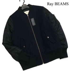 Ray BEAMS レイ ビームス 秋冬 ウール × ナイロン切替♪ 中綿 MA-1 フライト ジャケット スタジャン Sz.1　レディース 紺　D2T02602_B#N