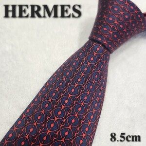 【HERMES】エルメス　ハイブランドネクタイ　紺　赤　総柄　メンズ　小物