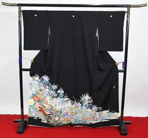 黒留袖 結婚式 水辺 鳥 鴛鴦 縁起 縮緬 正絹 身丈157cm 裄丈67cm ★着物 e-1074 桜庭呉服店