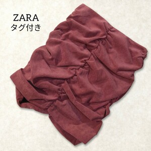 35 【タグ付き】 ZARA ザラ シャーリング タイトスカート ミニスカート ワインレッド レッドピンク Sサイズ シンプル 無地 レディース