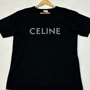 極美品/L-XLサイズ相当●CELINE　セリーヌ ロゴスタッズ 半袖 Tシャツ ブラック コットン 春夏 黒