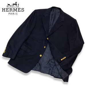 ★ 正規品 最高級 VINTAGE HERMES エルメス カシミヤ×シルク シングル テーラードジャケット ロゴ 金ボタン ネイビー スーツ ブレザー 52