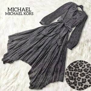 46 【MICHAEL MICHAEL KORS】 マイケルコース 総プリーツ レオパード アシンメトリー ロングワンピース XS グレー ベルト ヒョウ柄 長袖