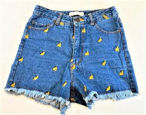 dazzLin バナナ柄刺繍入り デニムショートパンツ インディゴ サイズM 古着 レディース IP-9 20221220