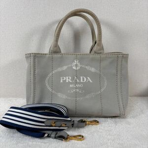 1円 PRADA プラダ ハンドバッグ カナパ ショルダーバッグ 2way デニム 三角ロゴ ストライプ ボーダー 金ロゴ 白タグ レディース