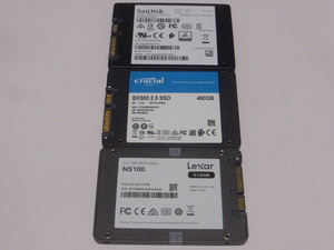 SSD 3台セット SATA 2.5inch SanDisk 500GB 正常80%判定 Crucial 480GB 正常100%判定 Lexar 512GB 正常判定 本体のみ 中古品です