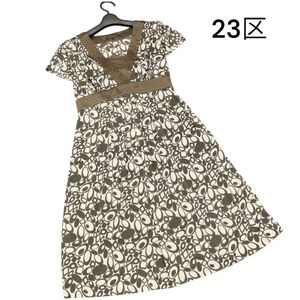 23区 春夏 サテン切替♪ インナー付き モザイク柄 半袖 ワンピース Sz.38　レディース　K4T00733_5#D