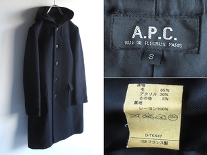 希少 フランス製 90sビンテージ A.P.C. アーペーセー ウール ツイードメルトン フードコート ボタンダッフルコート S ネイビー アーカイブ