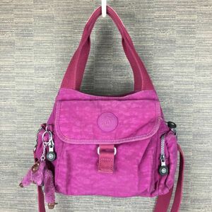 2way！KIPLING/キプリング　ハンド/ショルダーバッグ　濃いピンク　マスコット付き　管NO.B19-23