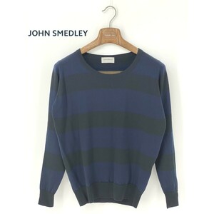 A9460/美品 春夏 JOHN SMEDLEY ジョンスメドレー ウール ボーダー 長袖 ニット リブ セーター S 黒 英国製 イギリス製 メンズ カーディガン