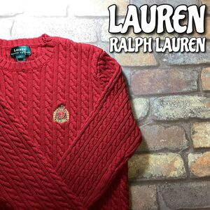 ★良品＆正規品★【LAUREN RALPH LAUREN ラルフローレン】刺繍アンカーエンブレム ケーブル編みセーター【レディース L】赤 老舗 K3-410