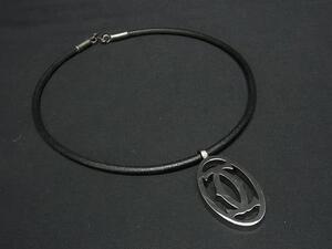 1円 ■美品■ Cartier カルティエ 2Cロゴ レザー ネックレス ペンダント アクセサリー メンズ レディース シルバー系×ブラック系 BJ6172