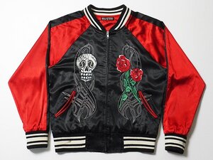 HELL CAT PUNKS　ヘルキャットパンクス　スカジャン　正規品　100CLUB　ドクロ　スカル　薔薇　ワッペン刺繍　サテン　ブルゾン　Mサイズ