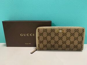 GUCCI グッチ ラウンドファスナー 長財布 GGキャンバス レザー カーキベージュ