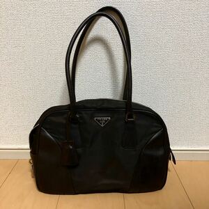 1円スタート 美品 PRADA プラダ トートバッグ ハンドバッグ ボーリングバッグ 三角ロゴ 南京錠 鍵付き ナイロン レザー