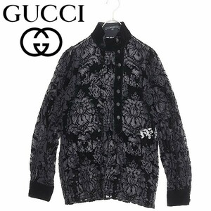 国内正規品◆GUCCI グッチ シルク混 フロッキー加工 ベロア使い シアー シースルー ハーフボタン ブラウス トップス 黒 ブラック 38