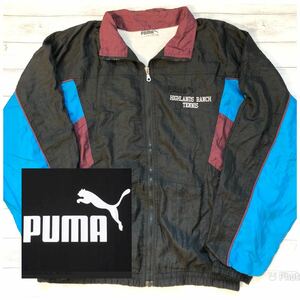 プーマ　PUMA L 裏地コットン　スリートーン　ナイロンジャケット　トラックジャケット　ブラック×ボルドー×ブルー