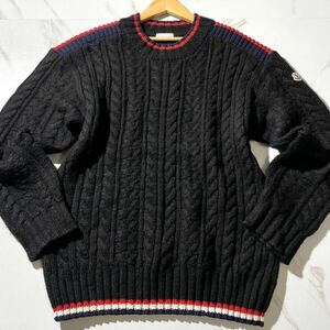 極美品/XXL相当●MONCLER モンクレール【MAGLIONE TRICOT トリコロール ケーブルニット 肩ワッペン】セーター アルパカ混 黒 ブラック