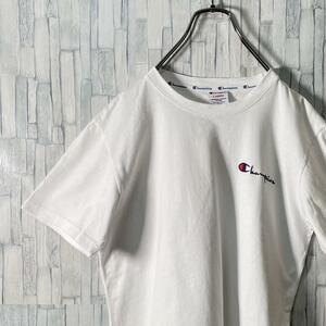 【米国製】Champion Tシャツ 白 胸刺繍ロゴ+袖ロゴ レディースL